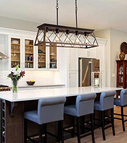 Farmhouse Rustic Chandelier Light Fixtures Bronze 5 Lights Linear Rectangular Chandelier Pendant Light Fixtures for Dining Room Kitchen Island Pool Bar Office Living Room Entryway UL Listed
