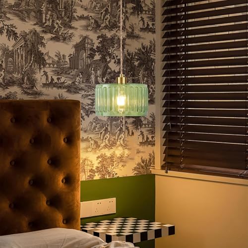Plug in Pendant Light Hanging Lights with Plug in Cord Boho Hanging Lamp Glass Gold Mid Century Modern Vintage Dimmable Green Flower Plug in Chandelier Ceiling Fixture for Living Room