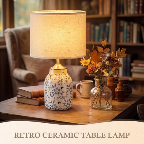 1 Pcs 21" Chinoiserie Blue Ceramic Lamp with Beige Linen Shade