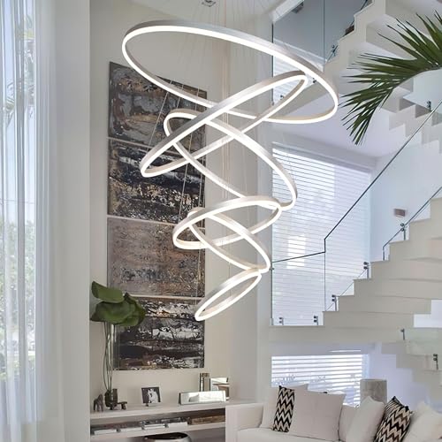 6 Rings Pendant Lights 47.2'' Modern Height Adjustable Chandeliers Sliver Led Chandelier Dimmable Sliver Chandelier Led Pendant Light for Dining Room Bedroom Living Room