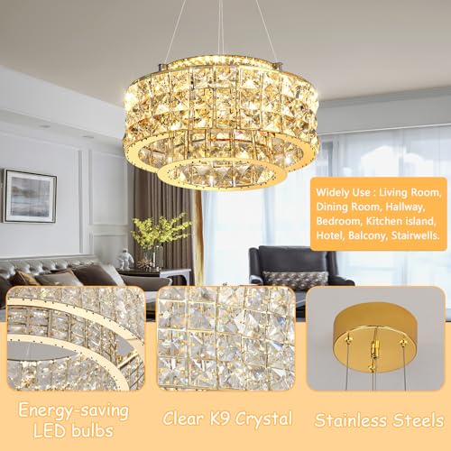 LED Chandeliers for Dining Room LED Dimmable Pendant Lights for Kitchen Island Crystal Adjustable Chandelier for Bedroom Hallway Entrance 12" Gold Light