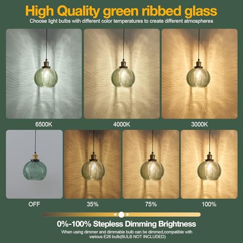 Vintage Green Ribbed Glass Pendant Lights for Kitchen Island 2 Pack