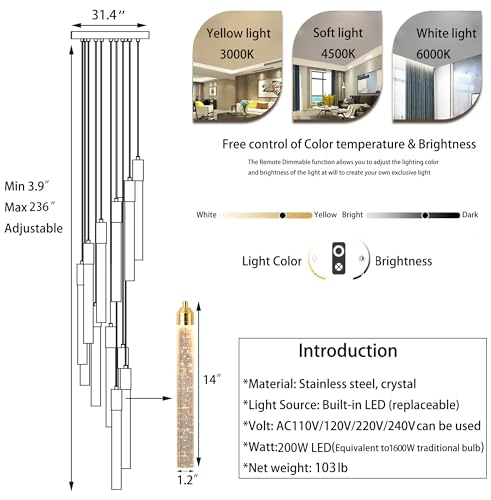 236'' Modern Crystal Chandeliers Long High Ceiling Chandelier for Staircase Dimmable LED Spiral Chandelier Hanging Ceiling Light Fixture for Entryway Foyer Hallway