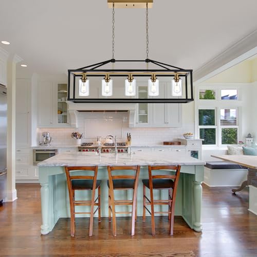Rectangle 5 Lights Black Modern Dining Room Lighting Fixtures Hanging Over Table