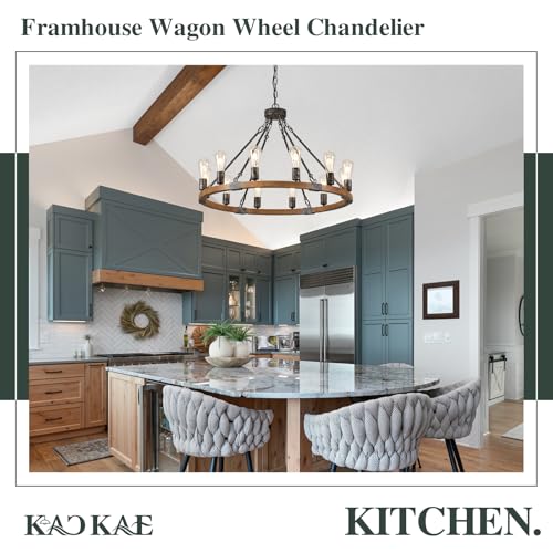 Farmhouse Wagon Wheel Chandelier 31" Oak Wood Chandelier Light Fixture 12