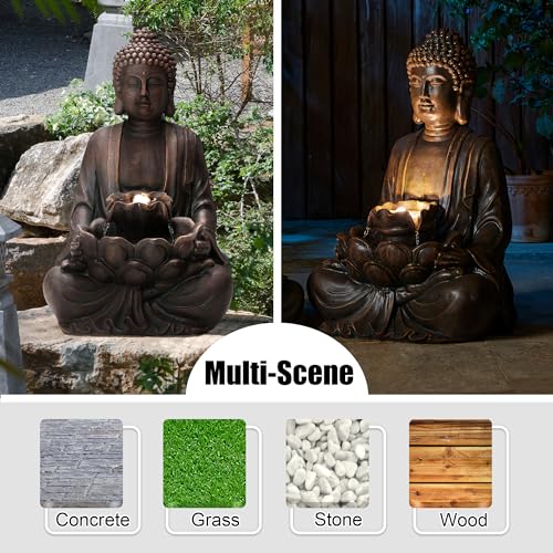 Zen Style Meditating Buddha Statue Fountain Polyresin Outdoor Decoration with Pump and LED Light