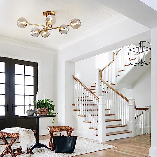 Modern 6 Lights Globe Sputnik Flush Mount Ceiling Light Fixture Mid Century Gold Metal Semi Flush Mount Ceiling Light Farmhouse Smoke Gray Glass Bedroom Ceiling Lamp