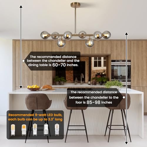 Sputnik Chandelier Gold Pendant Linear Light Modern Mid Century Light Fixture Grey Globe Shade for Dining Living Room Kitchen Island 8