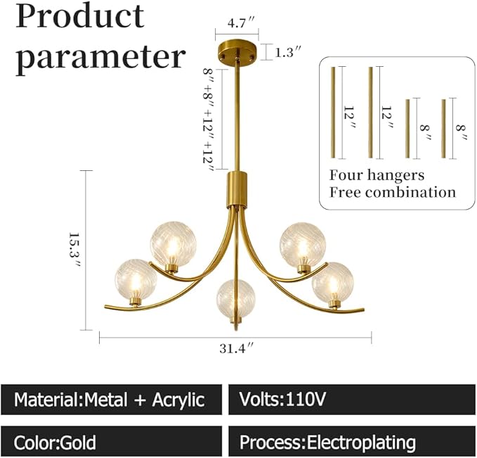 5-Head Gold Modern Chandelier with 5 Clear Glass Globe Bulbs, Globe Chandelier, Elegant Lamps with Gold Accents, Ceiling Light for Living Room Kitchen Island Bedroom Entryway
