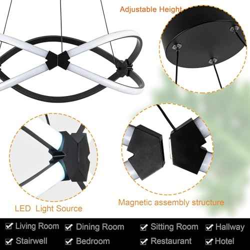 Mayful 18.5 Inches Black Modern Chandelier with Remote Control, 2 Rings Dimmable Led Large Chandeliers for High Ceilings, Height Adjustable Living Room Chandelier for Dining Room, Entrance, Foyer