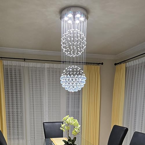 Crystal Modern Chandelier Contemporary 2 Balls Raindrop Crystal Chandelier Flush Mount Cylinder Chandelier Light Fixture Ceiling Lamp for Dining Room Living Room Kitchen Foyer Hallyway Bar
