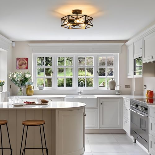 Black Modern Farmhouse Metal Semi Flush Mount Ceiling Light Fixture 14.6 in