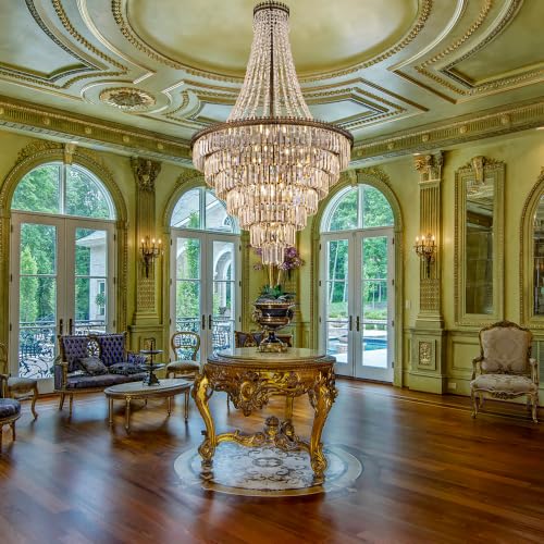 French Empire Crystal Chandelier 34" W Large High Ceiling Chandelier