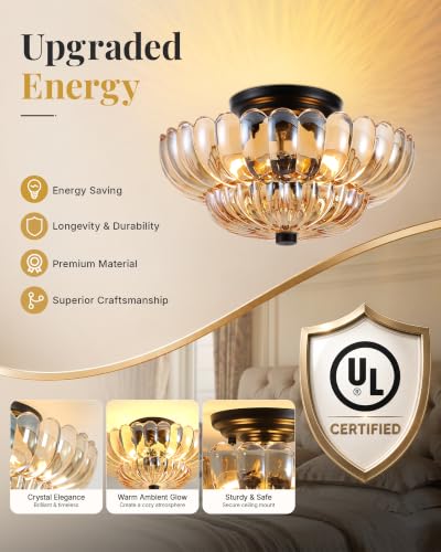 Semi Flush Mount Ceiling Light Fixture 11.8" Vinatge Black Ceiling Lights Amber Mid Century Modern Glass Close to Ceiling Lighting Fixtures for Bedroom Hallway Foyer Bathroom Kitchen Entryway