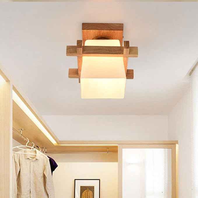 Flush Mount LED Ceiling Chandelier Wooden Ceiling Lamp Japanese Style for Bedroom Kitchen Living Room Hallway Hotel (Single Lamp Head, Without Bulb)