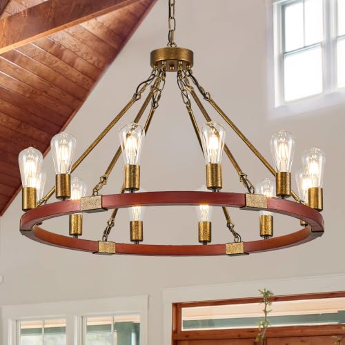 Farmhouse Wagon Wheel Chandelier 31" Rustic Gold Chandelier for Dining Room