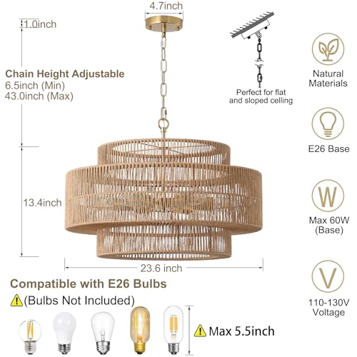 23.6"Large Boho Rattan Farmhouse Chandeliers for Dining Room