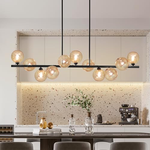 Linear Chandeliers for Dining Room 51" Island Lights for Kitchen Modern Sputnik Chandelier with Amber Swirled Glass 11 Light Dining Room Chandelier Large Linear Chandeliers for Kitchen Island (11 Count)