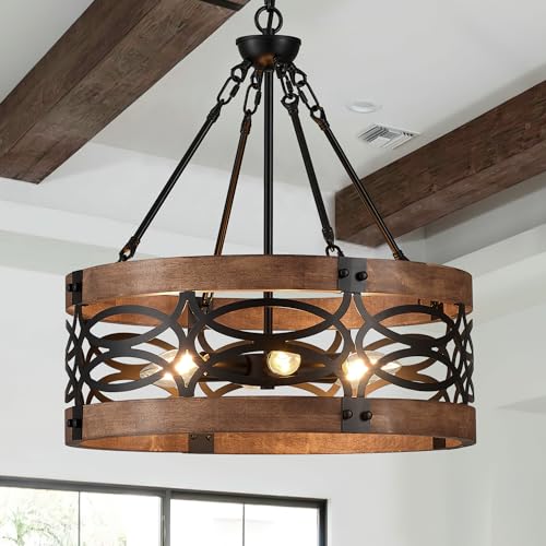 19.7" 6 Light Brown Wood Drum Pendant Light for Dining Room