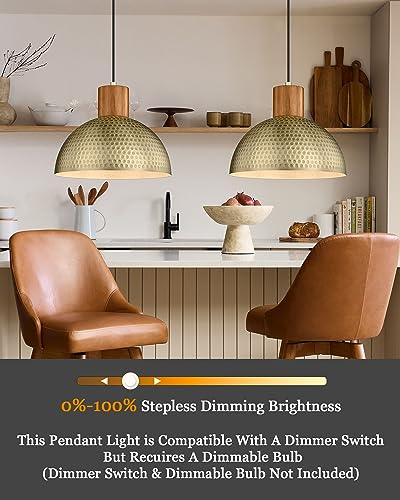 2 Pack Hammered Pendant Lights 12” Vintage Metal & Wood Dome Hanging Lamp Antique Gold Industrial Kitchen Pendant Light Fixtures for Island (2 Count)