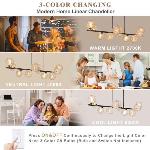 Linear Chandeliers for Dining Room 51" Island Lights for Kitchen Modern Sputnik Chandelier with Amber Swirled Glass 11 Light Dining Room Chandelier Large Linear Chandeliers for Kitchen Island (11 Count)