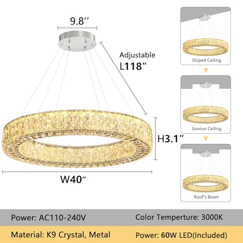 Modern Chandelier Glam Dimmable LED Crystal Chandeliers Luxury Remote Ceiling Pendants Lighting Fixtures for Dining Room Bedroom Living Room Silver