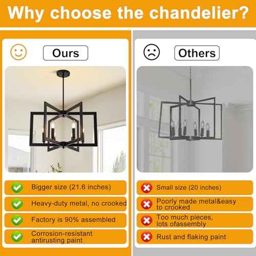 22" Black Chandelier for Dining Room, 6-Light Geometric Farmhouse Dining Room Fixture, Modern Foyer Lighting Fixtures, Industrial Hanging Pendant Lights for Kitchen Island, Living Room, Entryway