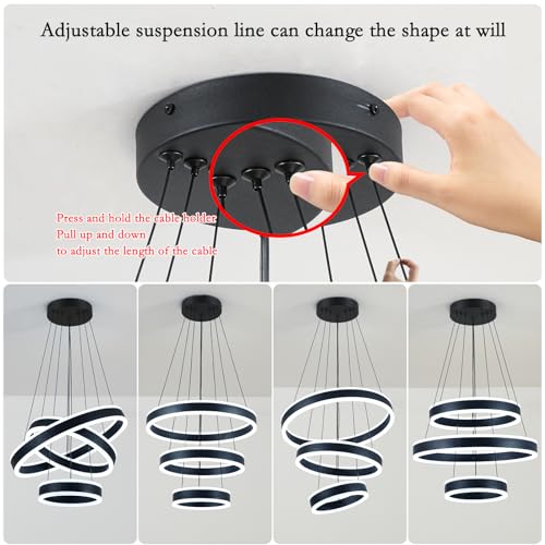 Modern LED Chandeliers Adjustable Hanging Black Pendant Light Fixture 3 Ring Flush Mount Chandeliers for Bedroom