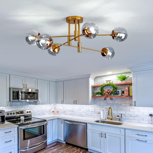 6 Lights Glass Globe Chandelier Modern Flush Mount Ceiling Light Fixture Gold Farmhouse Lighting for Dining Room Living Room Bedroom Kitchen Passageway