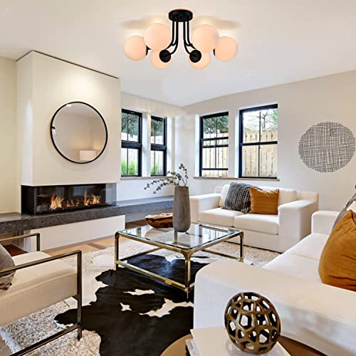 Modern 6 Light Black Metal Ceiling Light with Globe White Glass