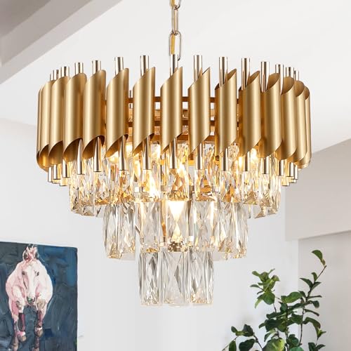 Gold Crystal Chandelier 16”Modern Ceiling Dining Room Pendant Light Fixtur