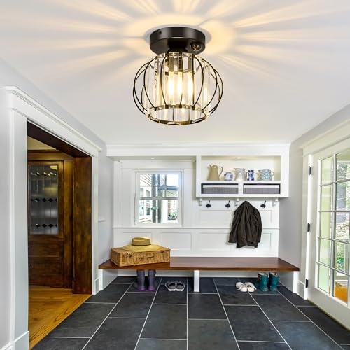 Indoor Motion Sensor Ceiling Light Fixture Modern Cryatal Semi Flush Mount Ceiling Light Black Ovrehead Light Fixture for Porch Hallway Front Entryway Kitchen Hall Garage