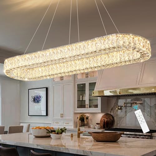 Modern Oval Chandelier Rectangular K9 Crystal Chandeliers for Dining Room Dimmable LED Light Fixture with Remote for Living Room Kitchen Light Silver