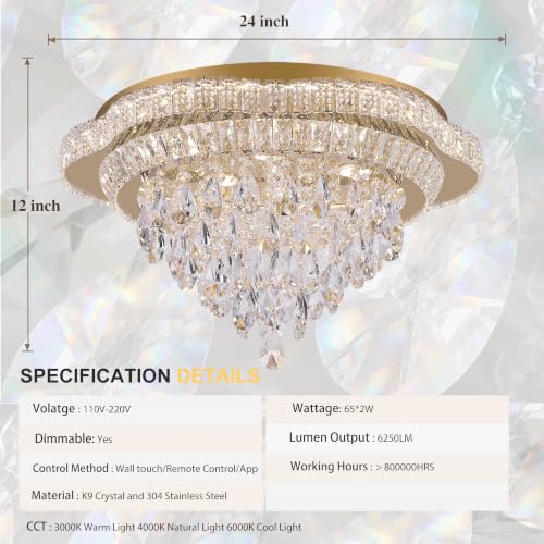 24" Gold Crystal Flush Mount Chandelier Modern LED Ceiling Light Fixture