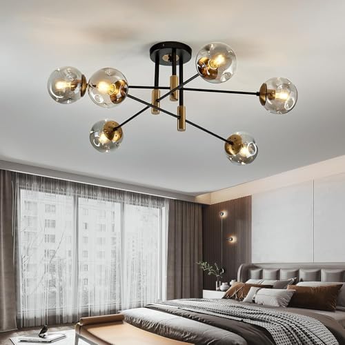 6 Light Glass Globe Sputnik Light Fixture Modern Matte Black and Gold Chandelier Semi Flush Mount Ceiling lamp for Living Room Kitchen Dining Room Farmhouse Bedroom