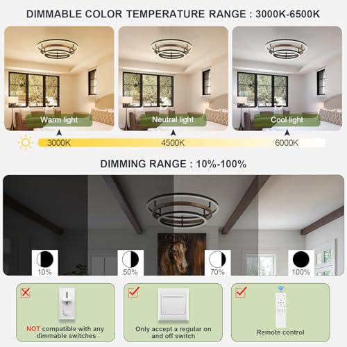 Modern LED Chandelier Black Dimmable 3 Ring Pendant Light for Dining Room