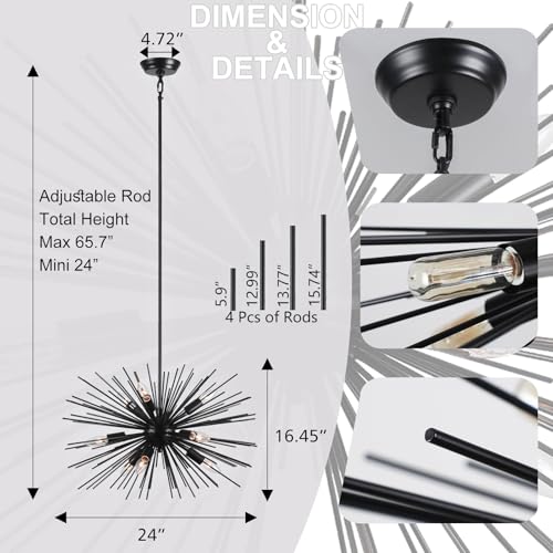 24in 9 Light Black Sputnik Chandelier Mid Century Modern
