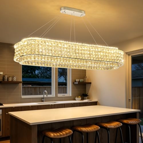 L47 x W12 Modern Chandeliers for Dining Room LED Dimmable Pendant Lighting Ceiling Chandelier Crystal Rectangle Light Fixtures Silver
