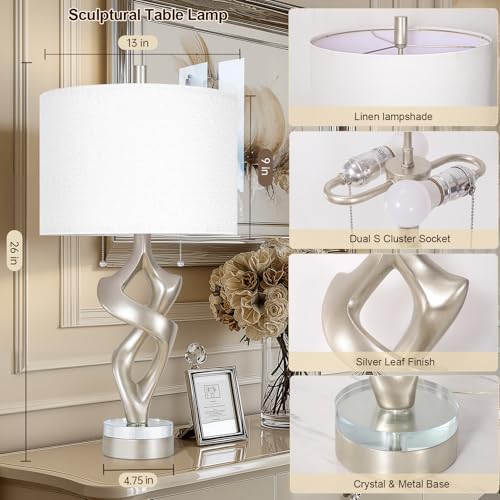 Silver Leaf 26” Tall Table Lamp Set of 2 for Bedroom Living Room (2 Count)