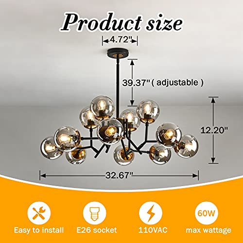 12-Light Mid-Century Modern Black Sputnik Chandelier with Glass Globe