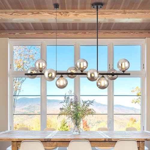 Linear Chandeliers for Dining Room 10 Light Modern Linear Chandelier Sputnik Ceiling Light Fixture, 40" Island Lights for Kitchen with Smokey Gray Lampshade Dining Room Chandelier Height Adjustable