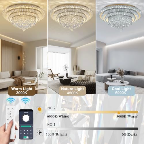 30" Gold Crystal Flush Mount Chandelier Modern LED Ceiling Light Fixture