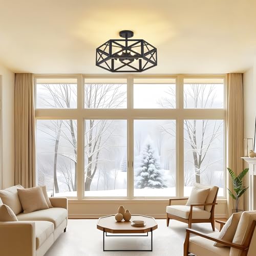 30W Semi Flush Mount Ceiling Light with Remote 19.7" Hexagon Black