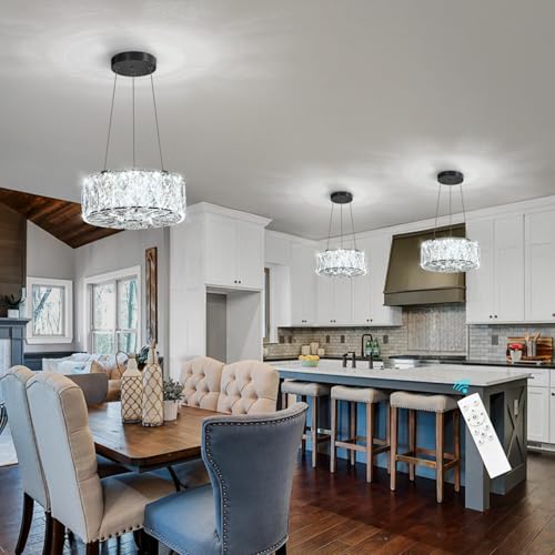 Modern Crystal Chandelier for Dining Room Dimmable LED Pendant Ceiling Light Fixtures with Remote for Entrance Bedroom Kitchen Island Black
