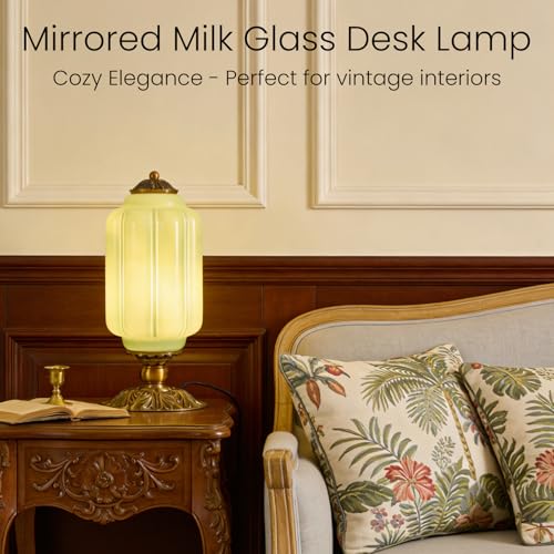 Vintage Green Milk Glass Table Lamp with Antique Metal Base
