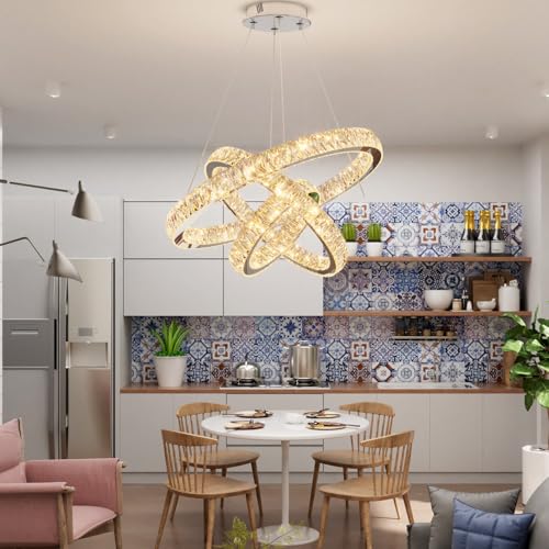 3 Rings Crystal Chandeliers 32"+24"+16" Crystal Ceiling Light Fixture Pendant Lighting Hanging Lamp for Living Room LED Dimmable 3000
