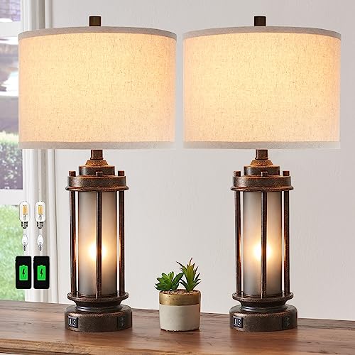 Set of 2 Farmhouse Table Lamps for Living Room with USB C+A Ports (2 Count)