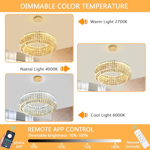 W24 Modern Chandeliers for Living Room LED Dimmable Pendant Lighting High Ceiling Chandelier for Dining Room Foyer Hallway Crystal Rectangle Light Fixtures Gold