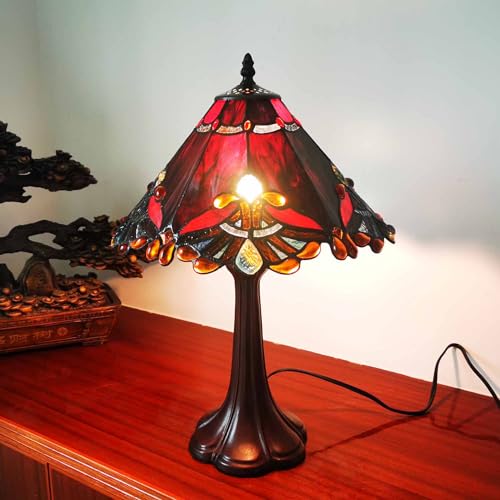 L10021 Baroque Tiffany Style Stained Glass Table Lamp Night Light with 13 Inches Wide Handmade Lampshade Metal Base for Bedside Bedroom Living Room Decoration