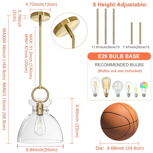 Gold Pendant Lights Kitchen Island with 9.84'' Clear Glass Shade (2 Count)